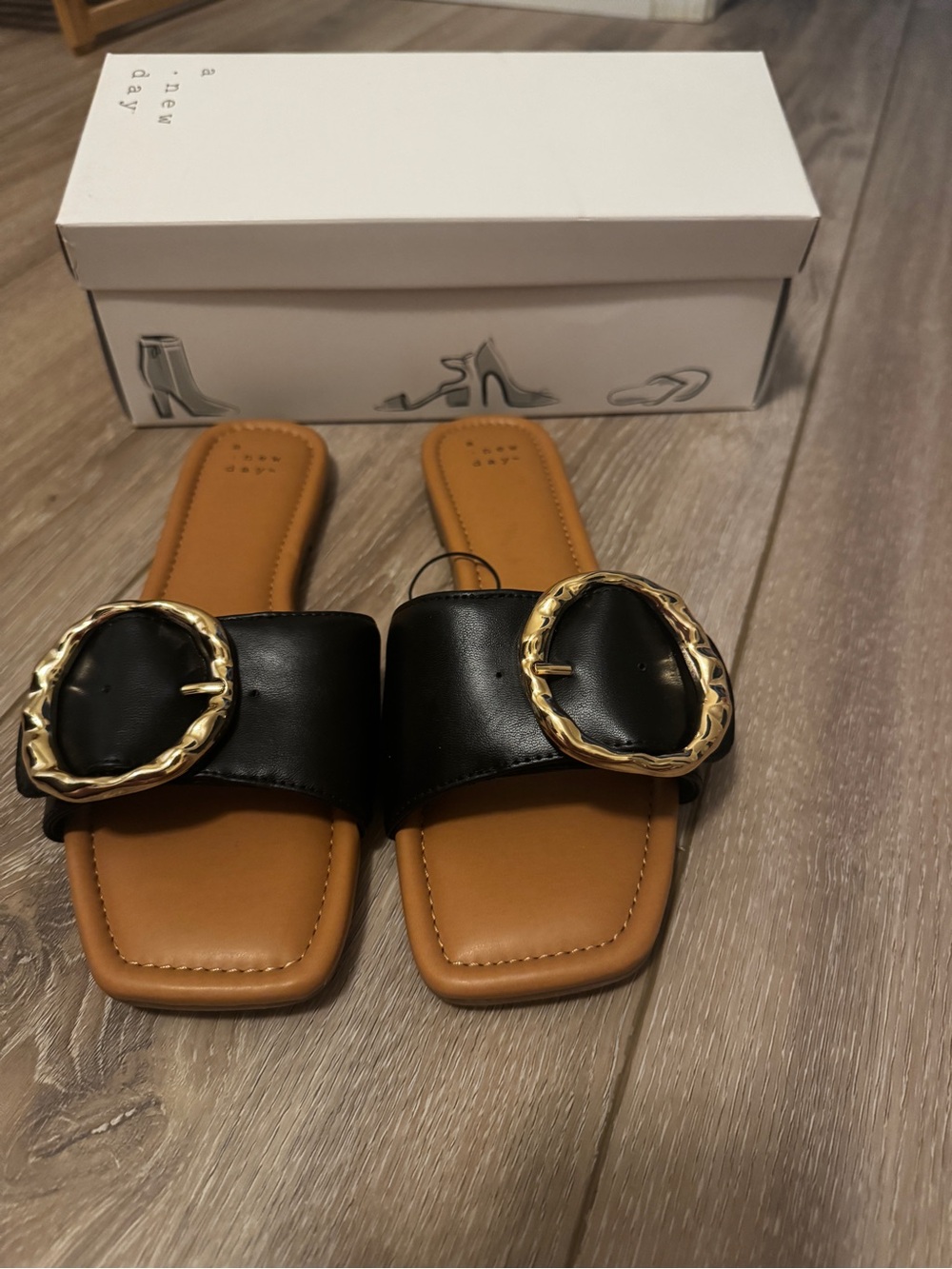 a new day Black Slide Sandal with Gold Round Buckle - Picture 2 of 4